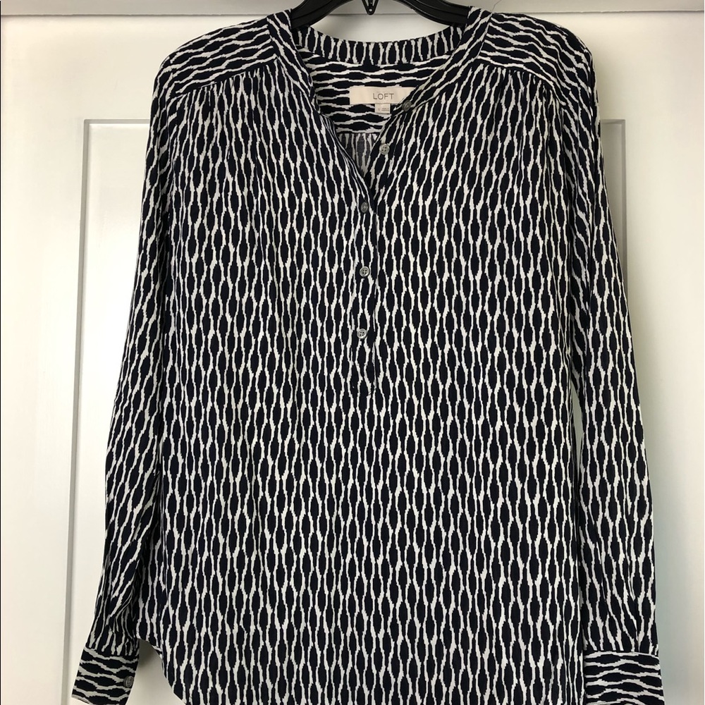 LOFT Navy Blue Print Long Sleeve Popover Top